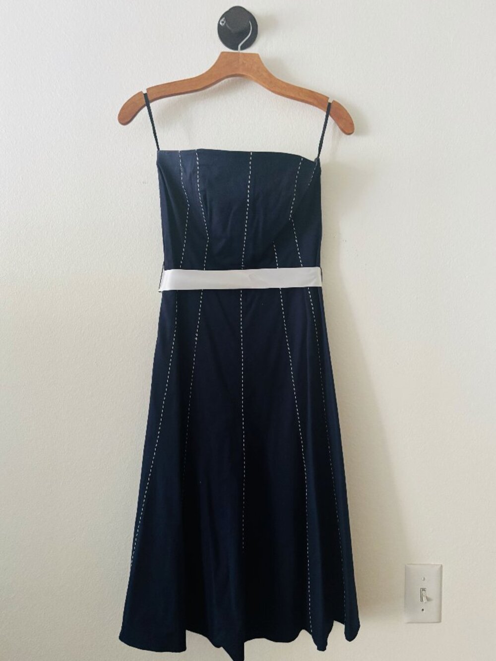 Notice Strapless Navy White Pinstripe A-Line Dress - Midi White Bow Belt - SMALL